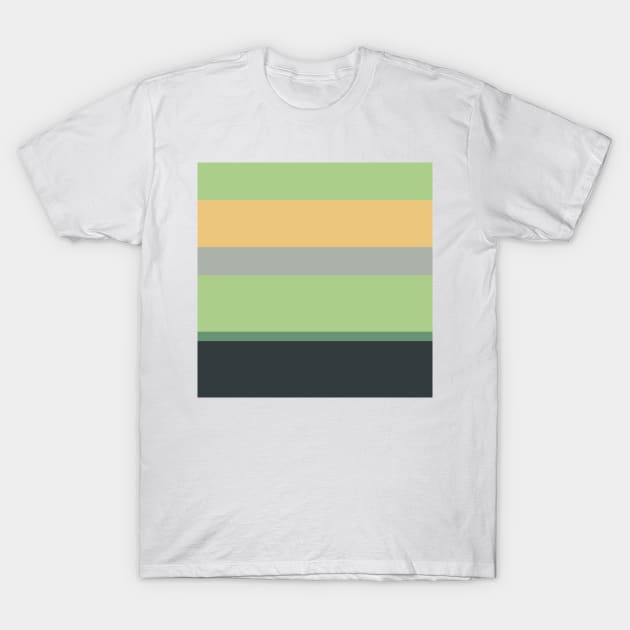 An outstanding harmonization of Silver Foil, Onyx, Oxley, Laurel Green and Sand stripes. T-Shirt by Sociable Stripes
